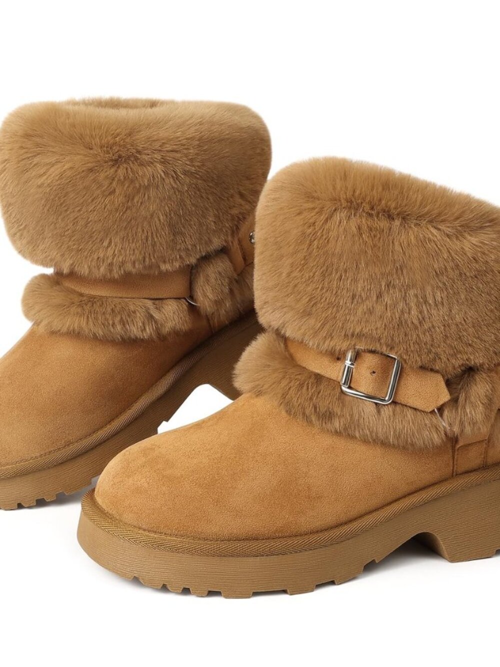 Furry Winter Boots for Women Block Heels Platform Buckle Slip On